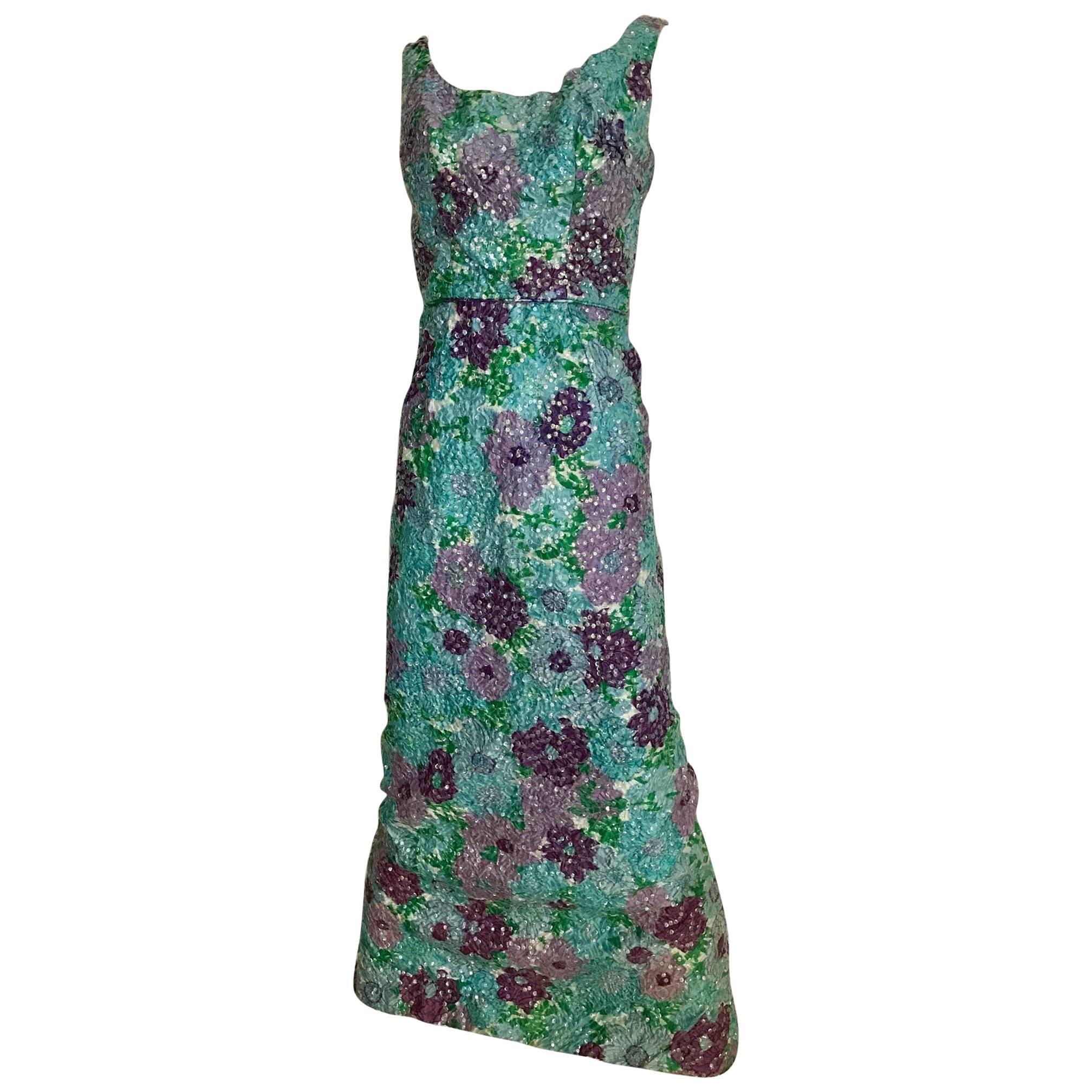 1960s Watercolor  Blue and Purple Floral Print Sleeveless Sheath Dress For Sale