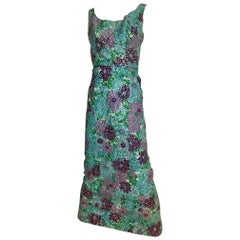 1960s Watercolor  Blue and Purple Floral Print Sleeveless Sheath Dress