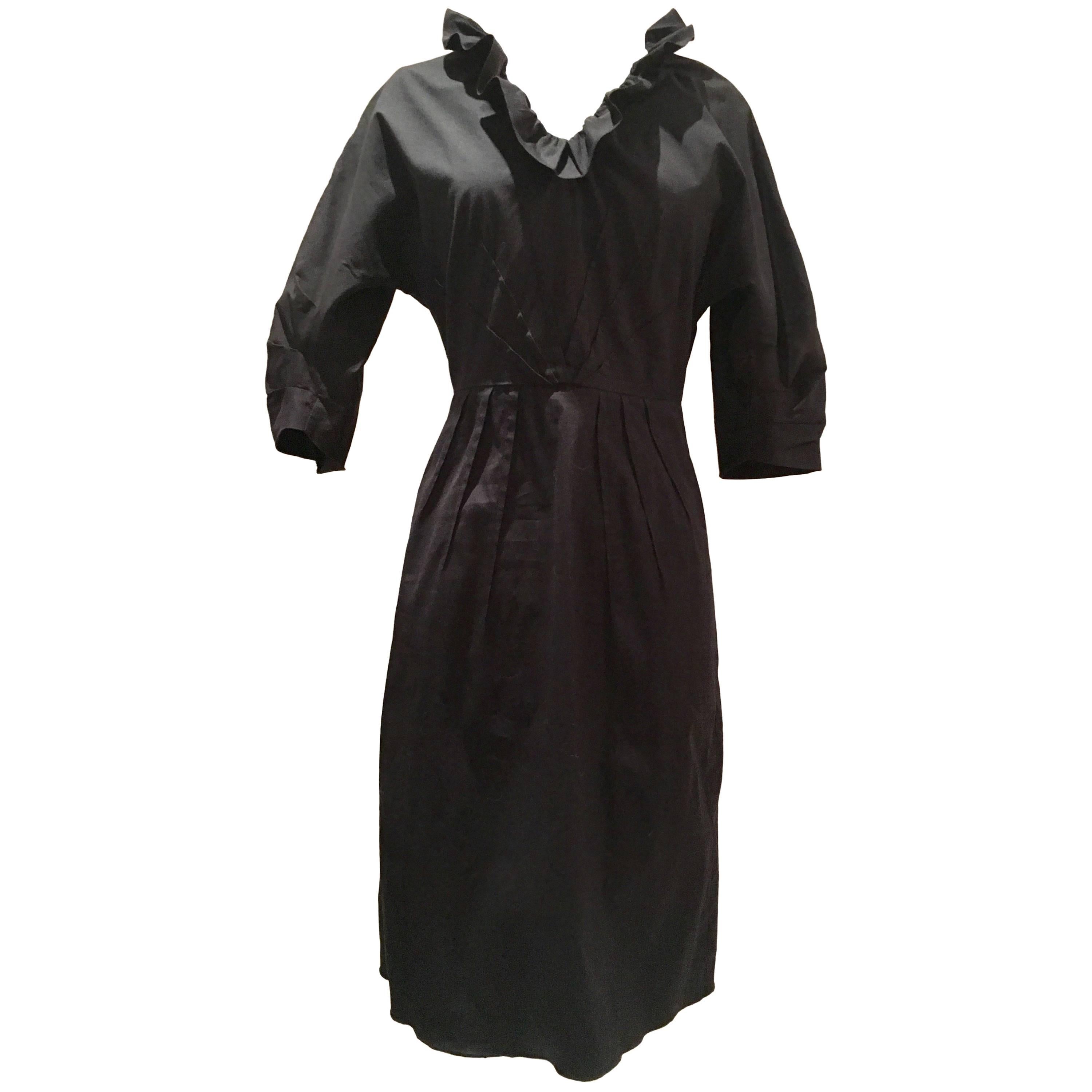 Prada Milano Black Ruffle V-Neck Collar Cotton Dress