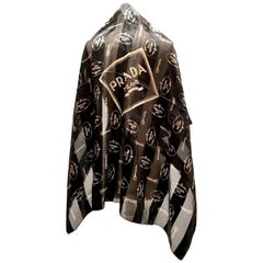 Vintage Prada Milano Logo Stripled Black & Gold Silk Chiffon Scarf