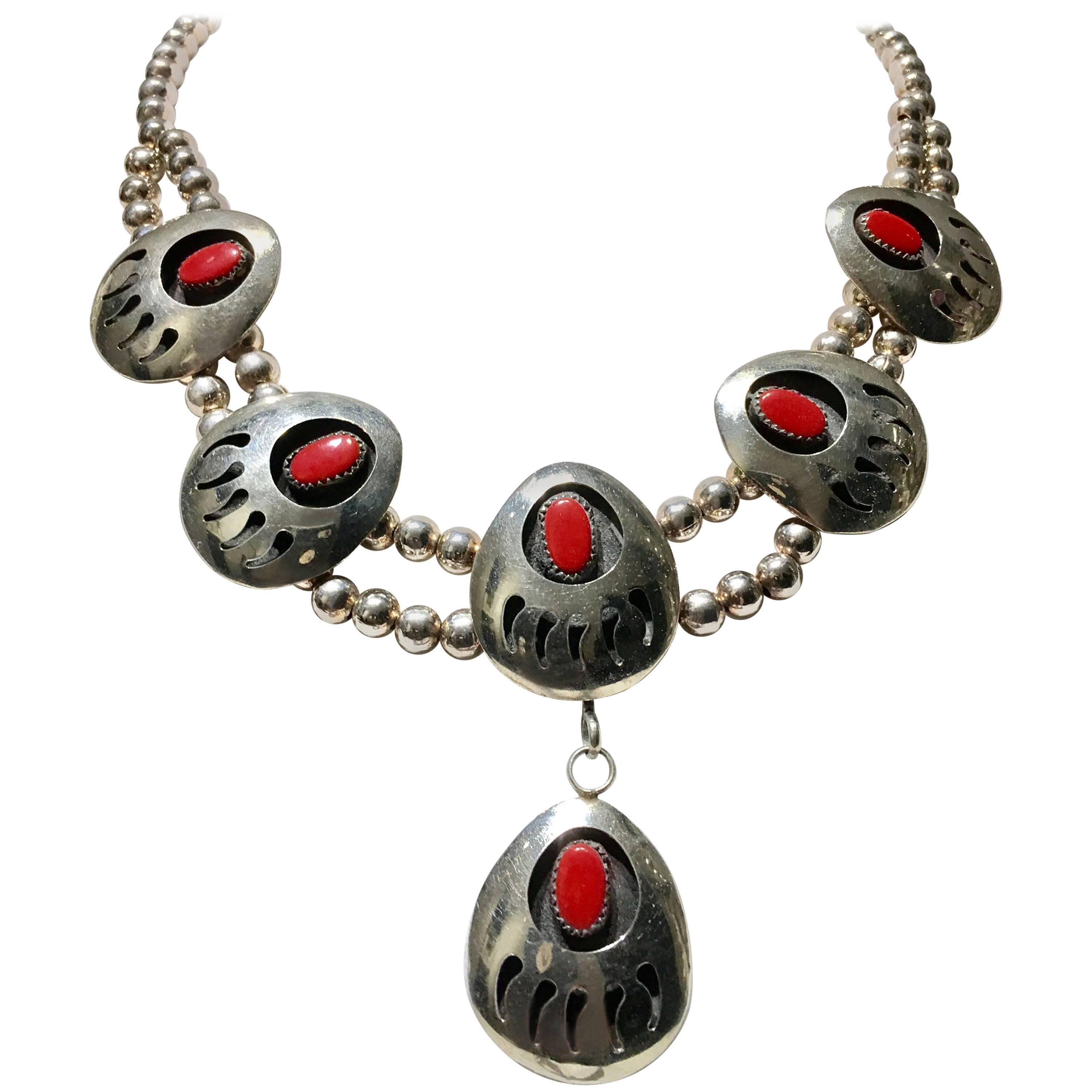 Vintage Navajo Sterling and Coral Disc Squash Blossom Necklace For Sale