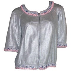 Stunning Chanel Silver Jacket with Chain and Tweed Trimming 12