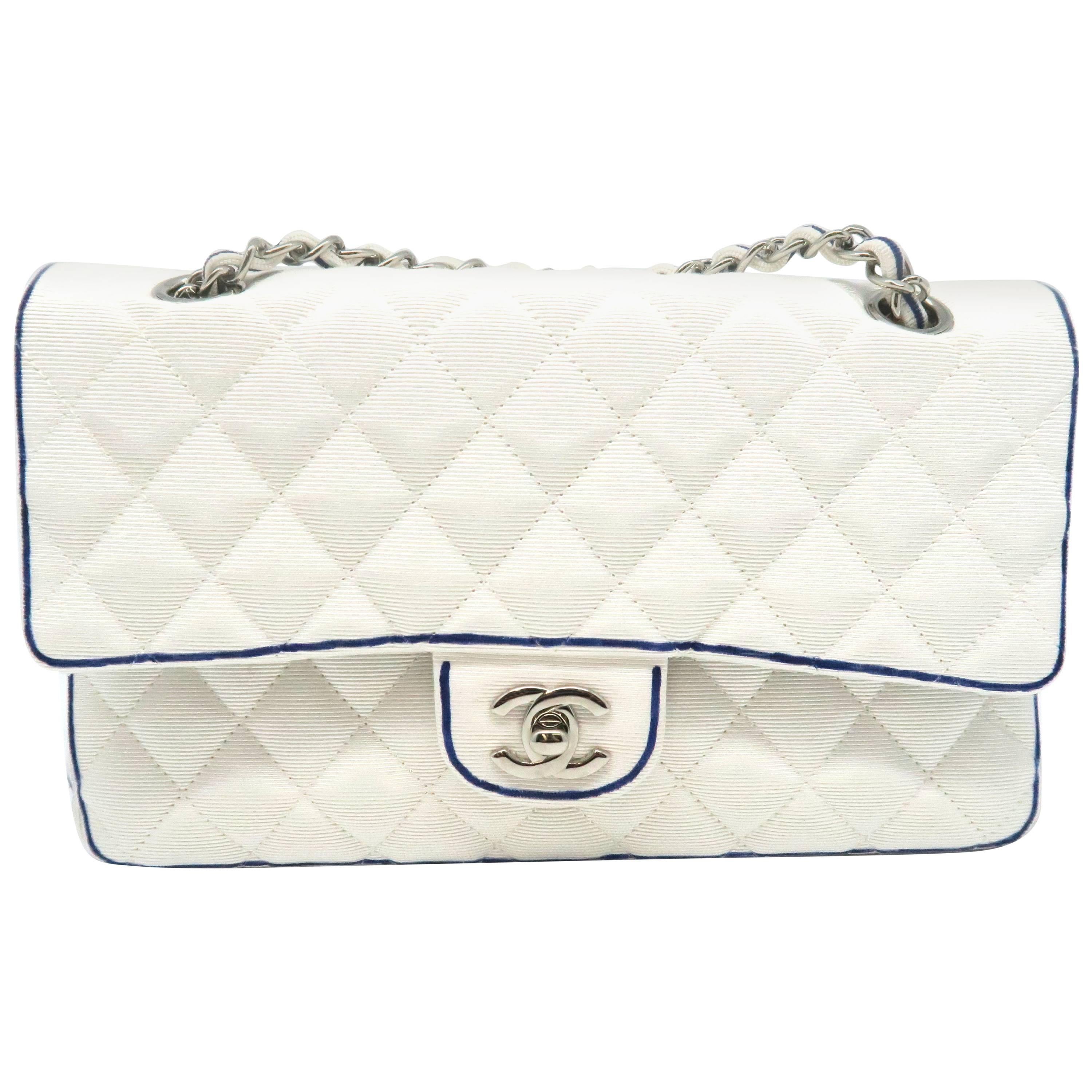 Chanel Classic Double Flap White/Blue Quilting Grosgrain Shoulder Bag