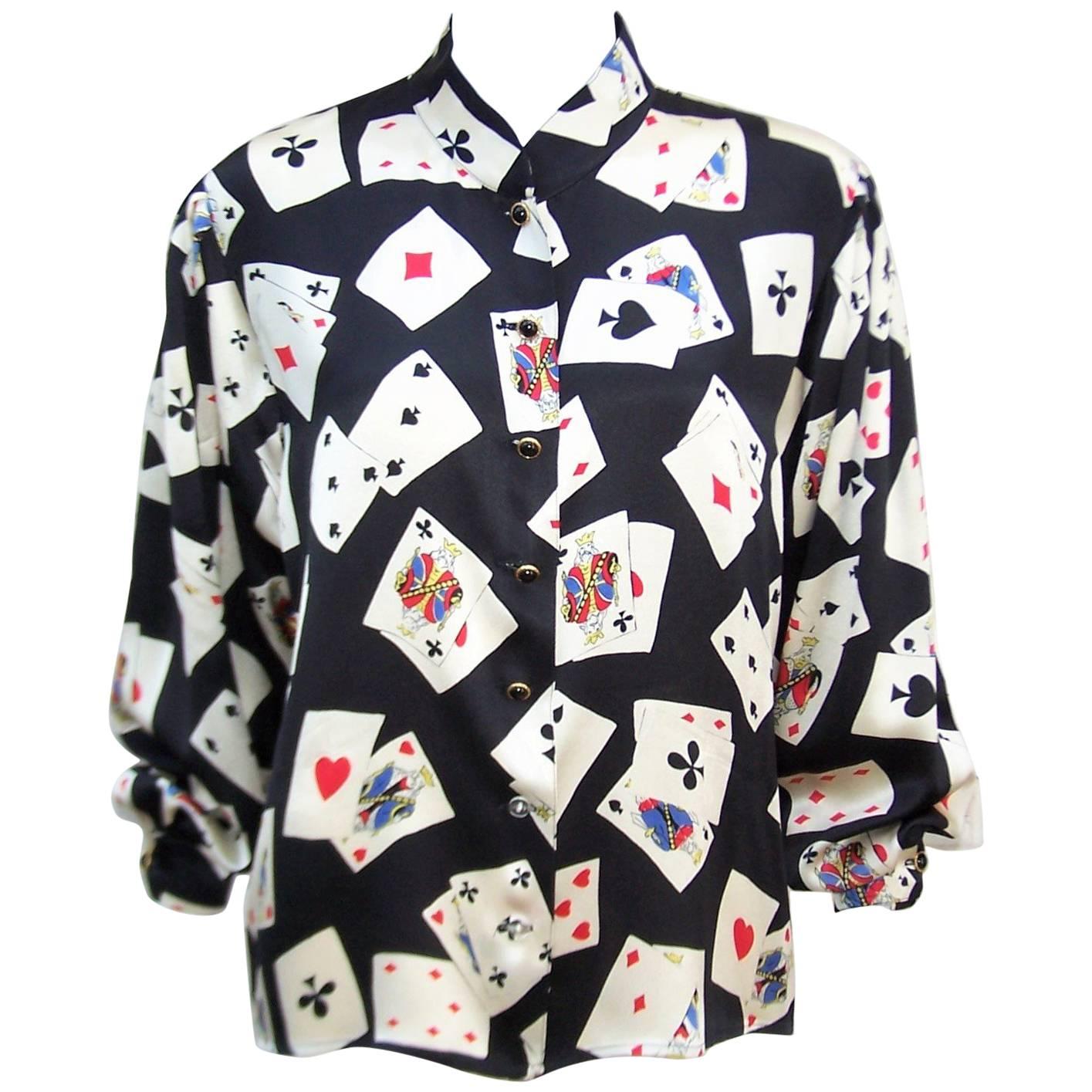Fun 1980's Ungaro Silk Charmeuse Blouse With Playing Cards