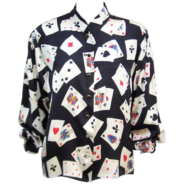 Fun 1980's Ungaro Silk Charmeuse Blouse With Playing Cards at 1stDibs