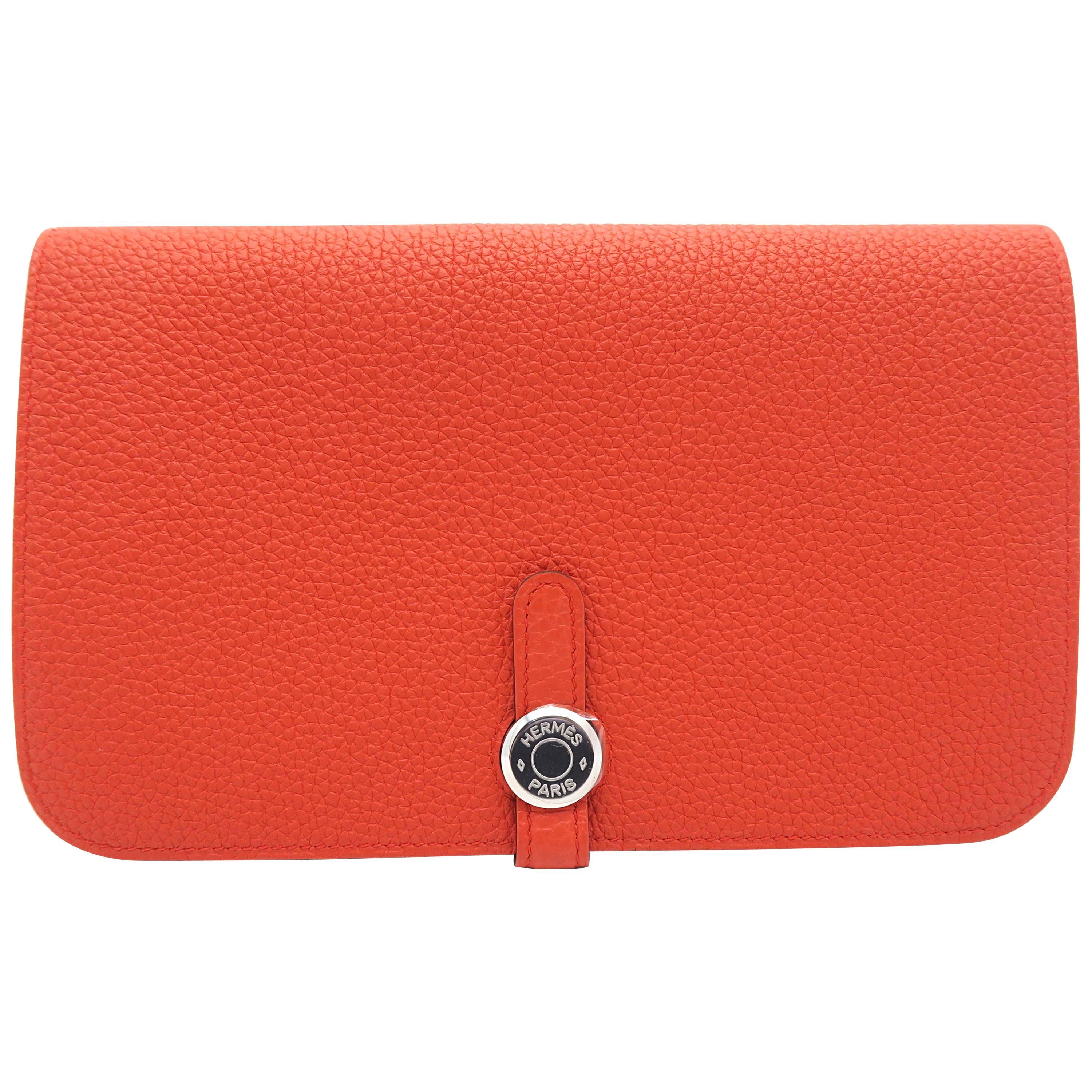 Hermes Dogon GM Orange / Capucine Togo Leather SHW Long Wallet For Sale