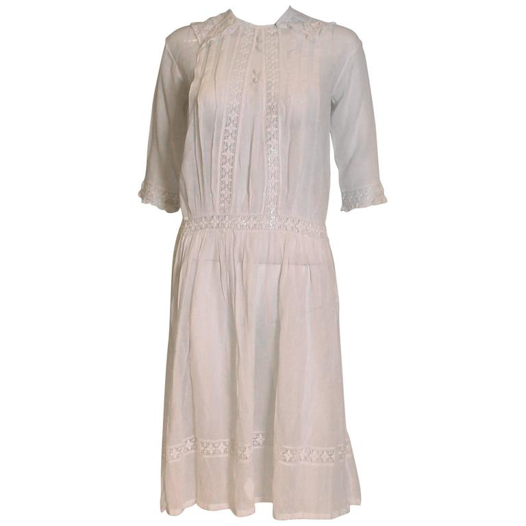 White Cotton Dress with Lace Trim For Sale at 1stdibs