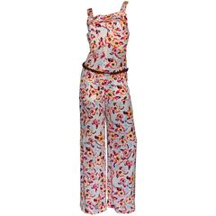 Stunning Chanel Logo CC Camellia Print Vintage Silk Jumpsuit with Belt