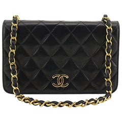 Vintage Chanel Classic Black Lambskin Leather Quilted Full Flap Shoulder Bag