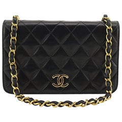 Vintage Chanel Classic Black Lambskin Leather Quilted Full Flap Shoulder Bag 