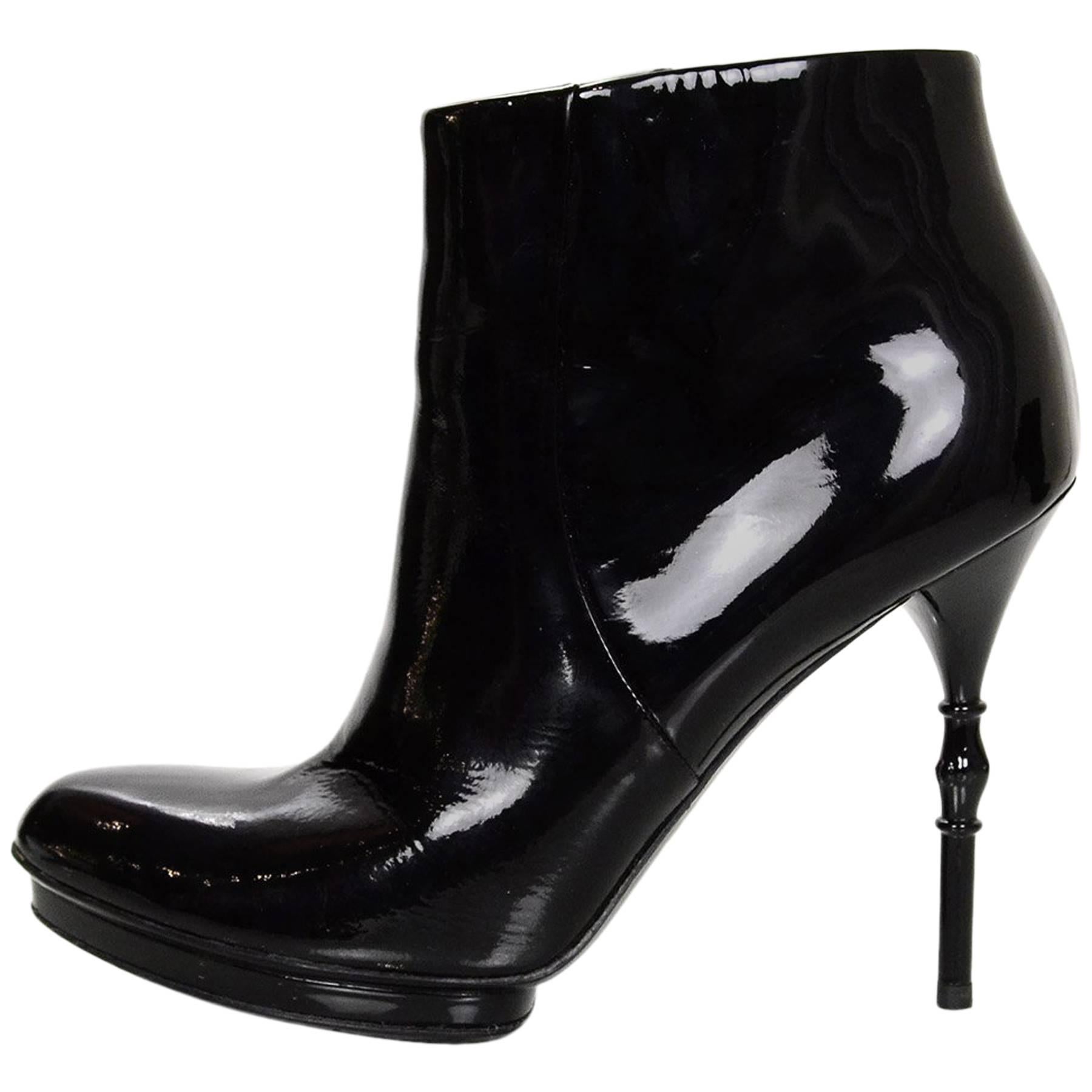 Gucci Black Patent Vitello Vernice Ankle Boots Sz 37 with Dust Bag