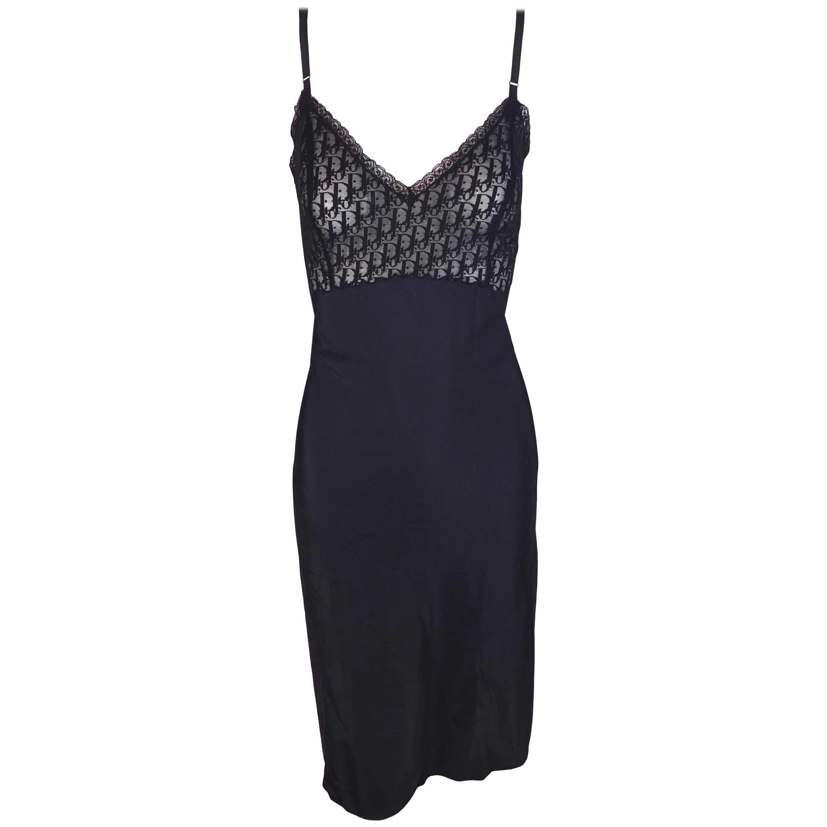 1990's Christian Dior Black Sheer Mesh Monogram Slip Dress