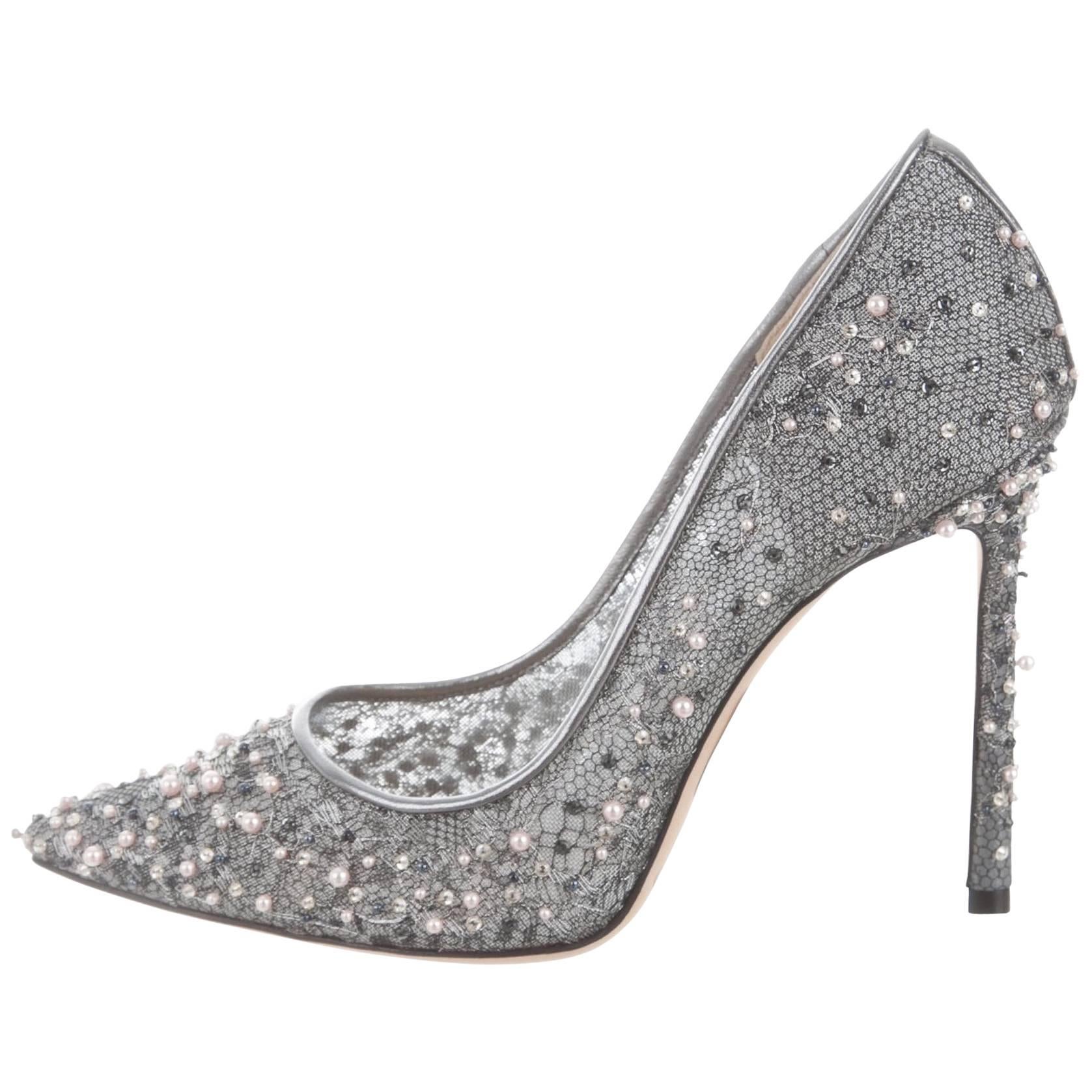 Jimmy Choo New Sold Out Silver Pearl High Heels Pumps in Box