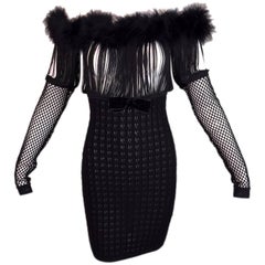 1993 Jean Paul Gaultier Sheer Fringe & Fishnet Feather Off Shoulder Dress noir