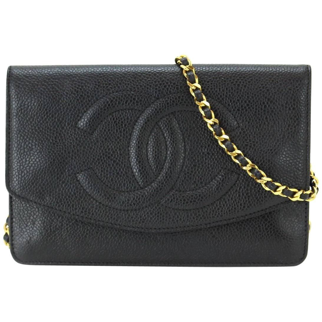 Chanel Black Caviar Leather WOC Wallet on Chain Crossbody Flap Shoulder Bag