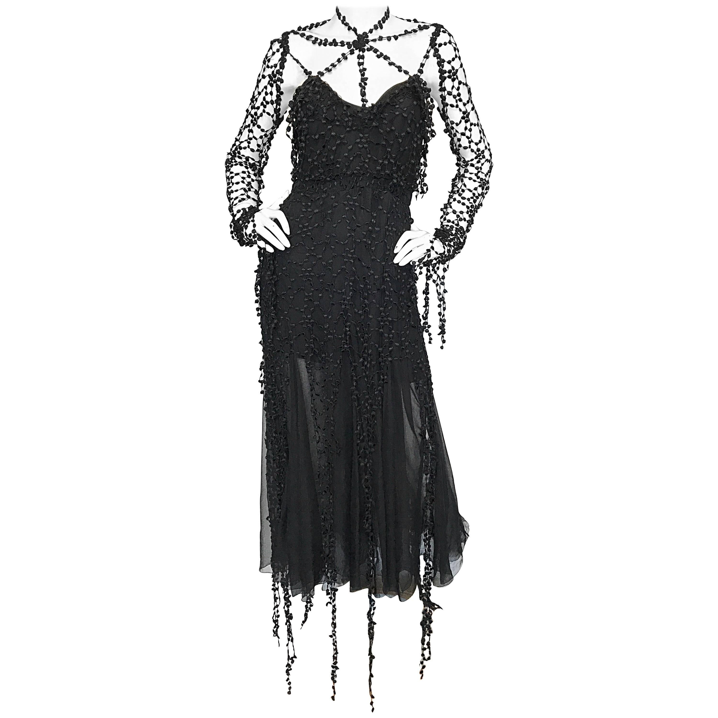 1990s Karl Lagerfeld Vintage ' Spiderweb ' Black Silk Chiffon Vintage 90s Dress