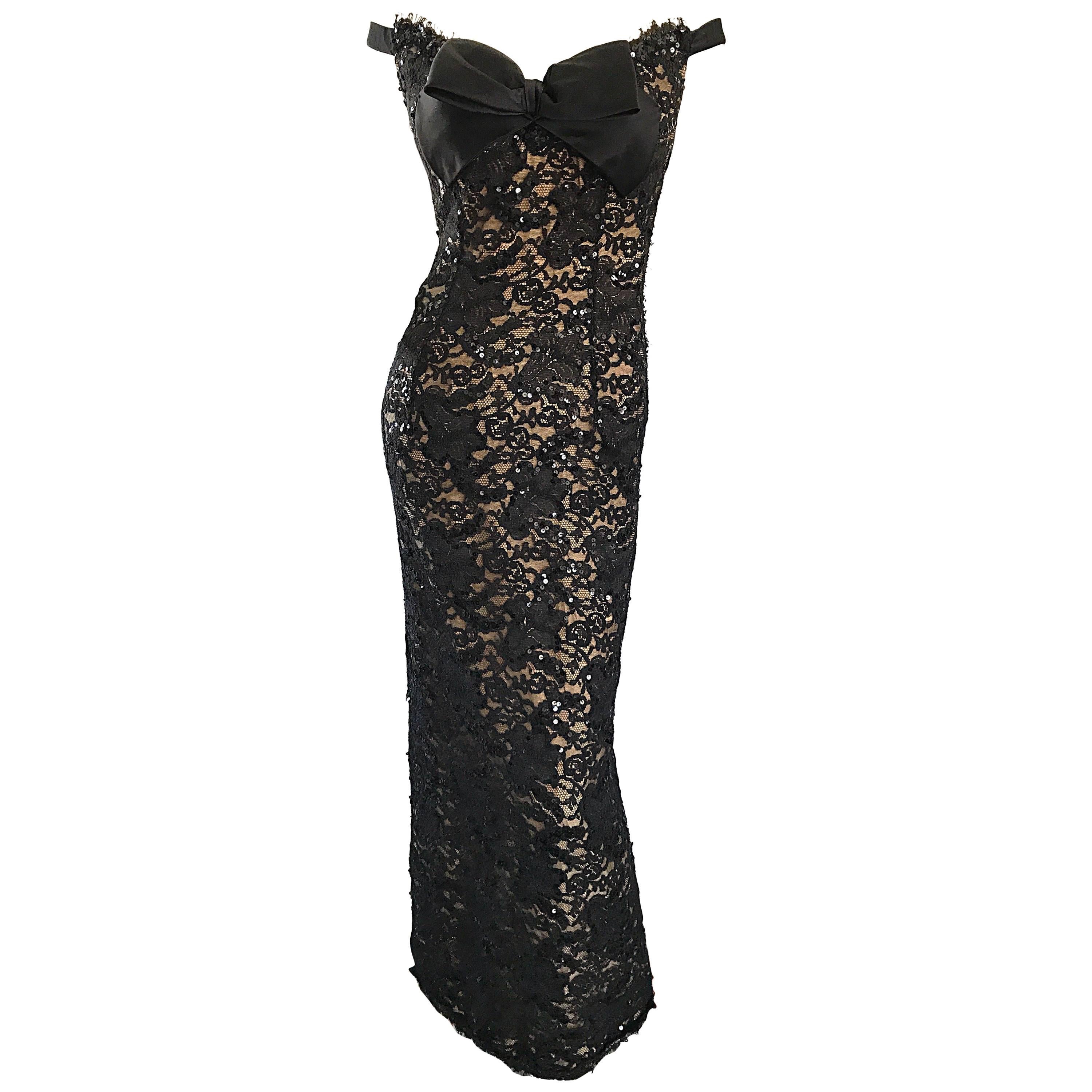 Vintage Size 8 Bob Mackie Black Lace Sequin 1990s 90s Evening Off Shoulder Gown 