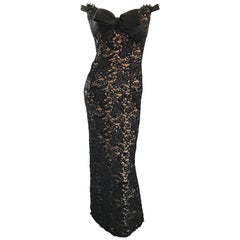 Vintage Size 8 Bob Mackie Black Lace Sequin 1990s 90s Evening Off Shoulder Gown