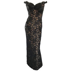 Vintage Size 8 Bob Mackie Black Lace Sequin 1990s 90s Evening Off Shoulder Gown 