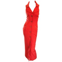 Fiorencci 1990s Does 1950s Burnt Orange + Gold Cotton Linen Vintage Wiggle Dress 5
