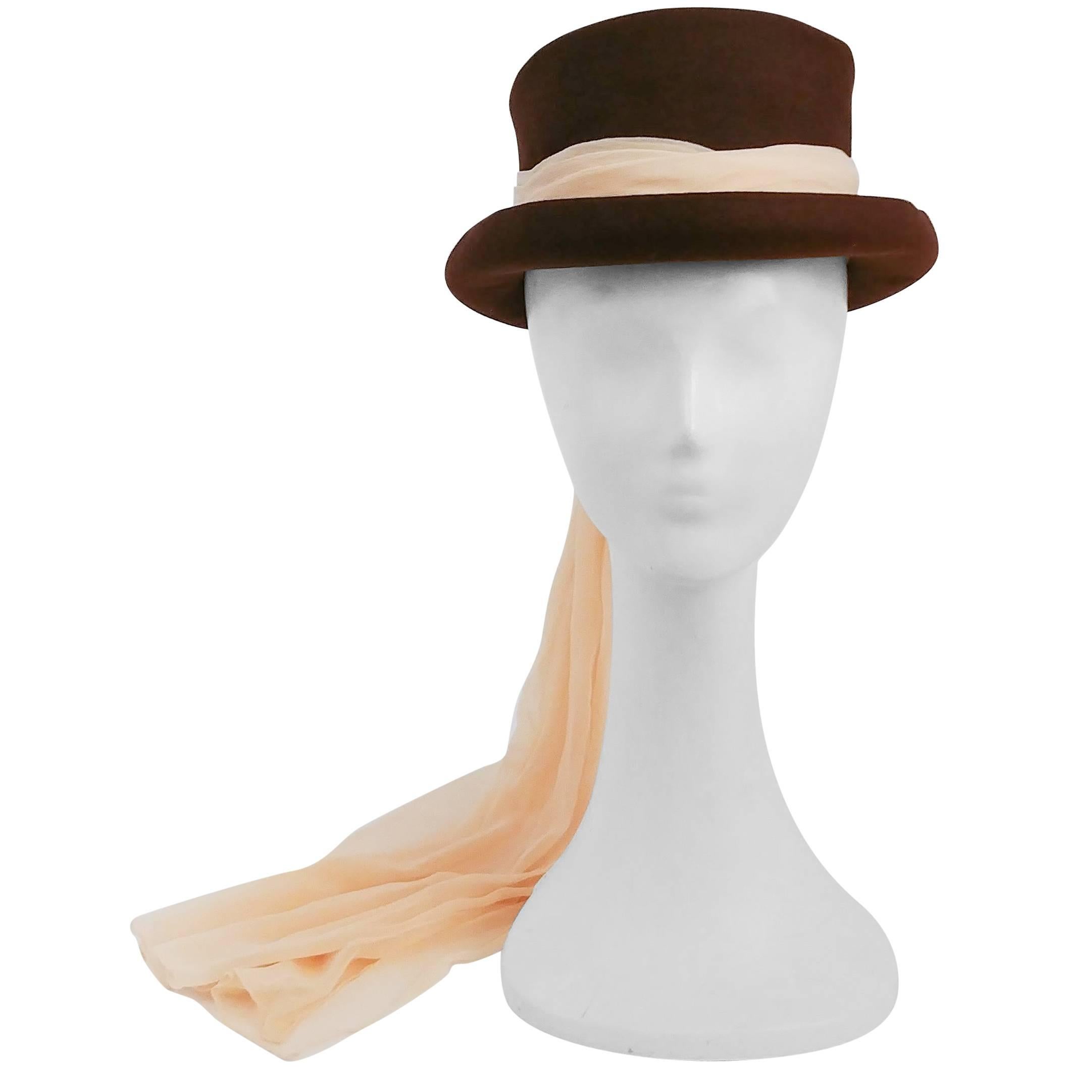 40s Stetson Fur Felt Hat w/ Long Chiffon Hatband  For Sale