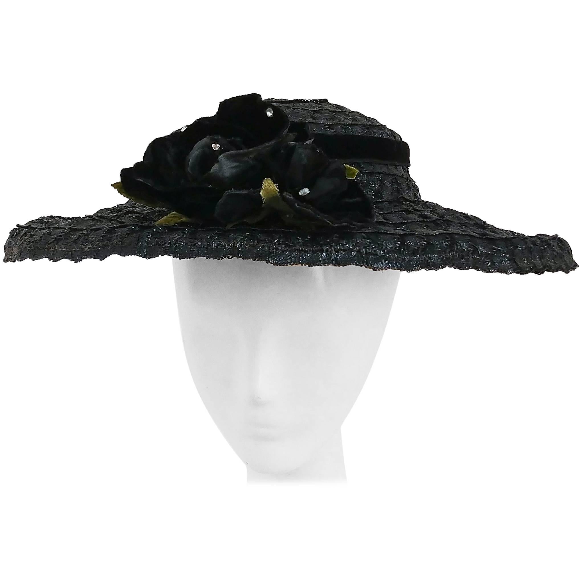 50s Black Hat w/ Rose  For Sale