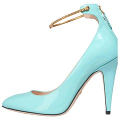 Gucci New Sold Out Tiffany Blue Patent  Gold Chain Evening Pumps Heels in Box