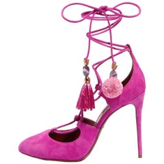 Dolce & Gabbana New Sold Out Pink Suede Pom Pom Evening Heels Pumps in Box