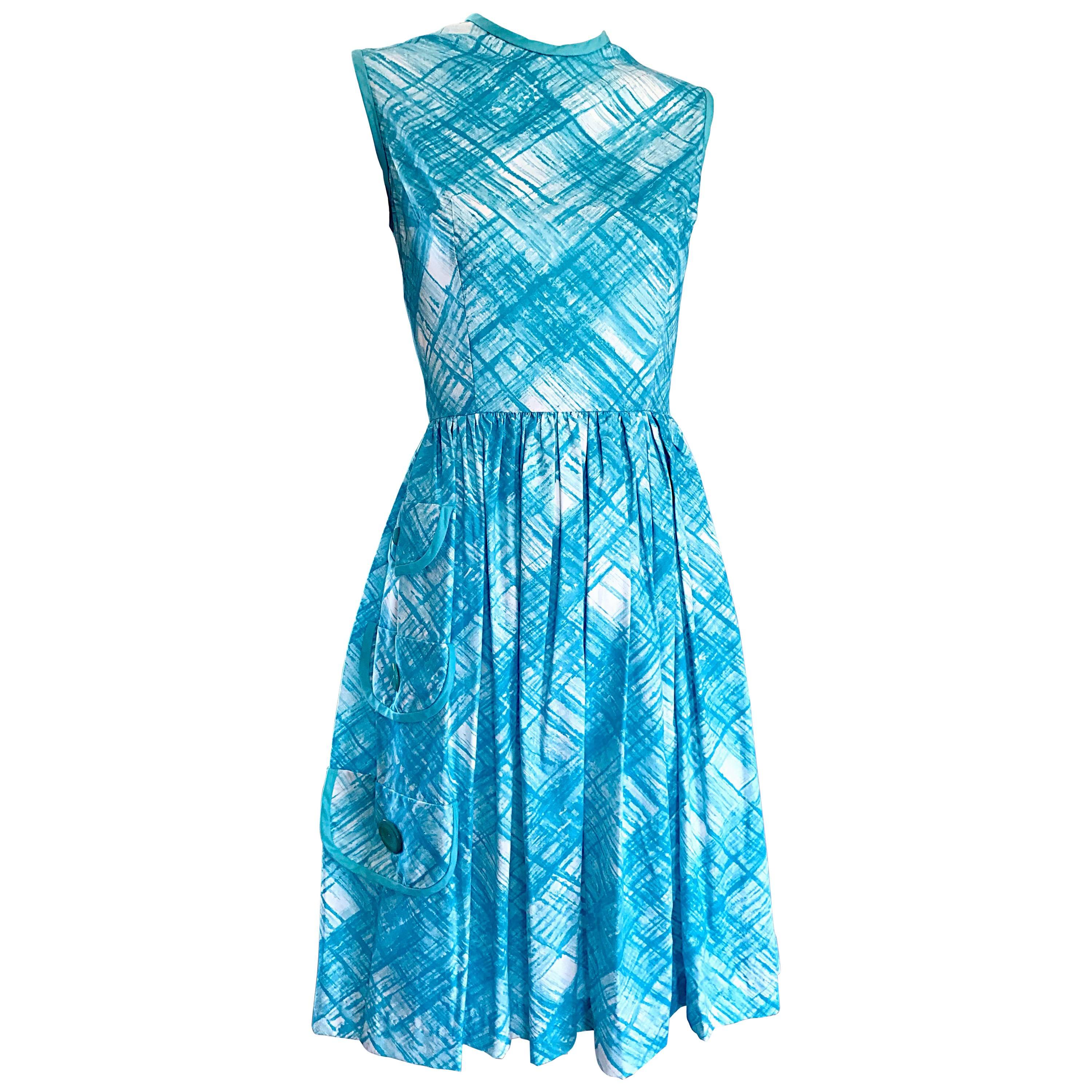 1950er Türkisblaues und weißes, diagonal kariertes Kleid aus Baumwolle + Rayon Fit n Flare aus den 1950er Jahren