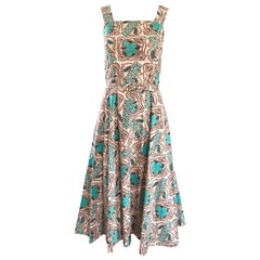 Wonderful 1950s Batik Print Teal & Brown Fit and Flare Belted Vintage 50s Dress