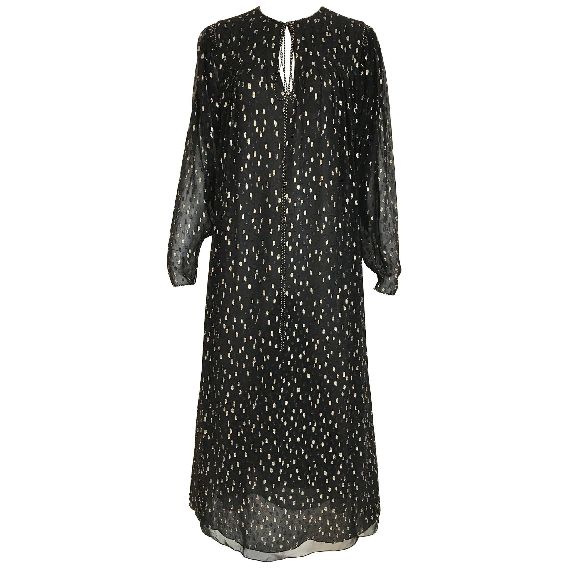 1970s Oscar De La Renta Black and Gold Long Sleeve Maxi Dress