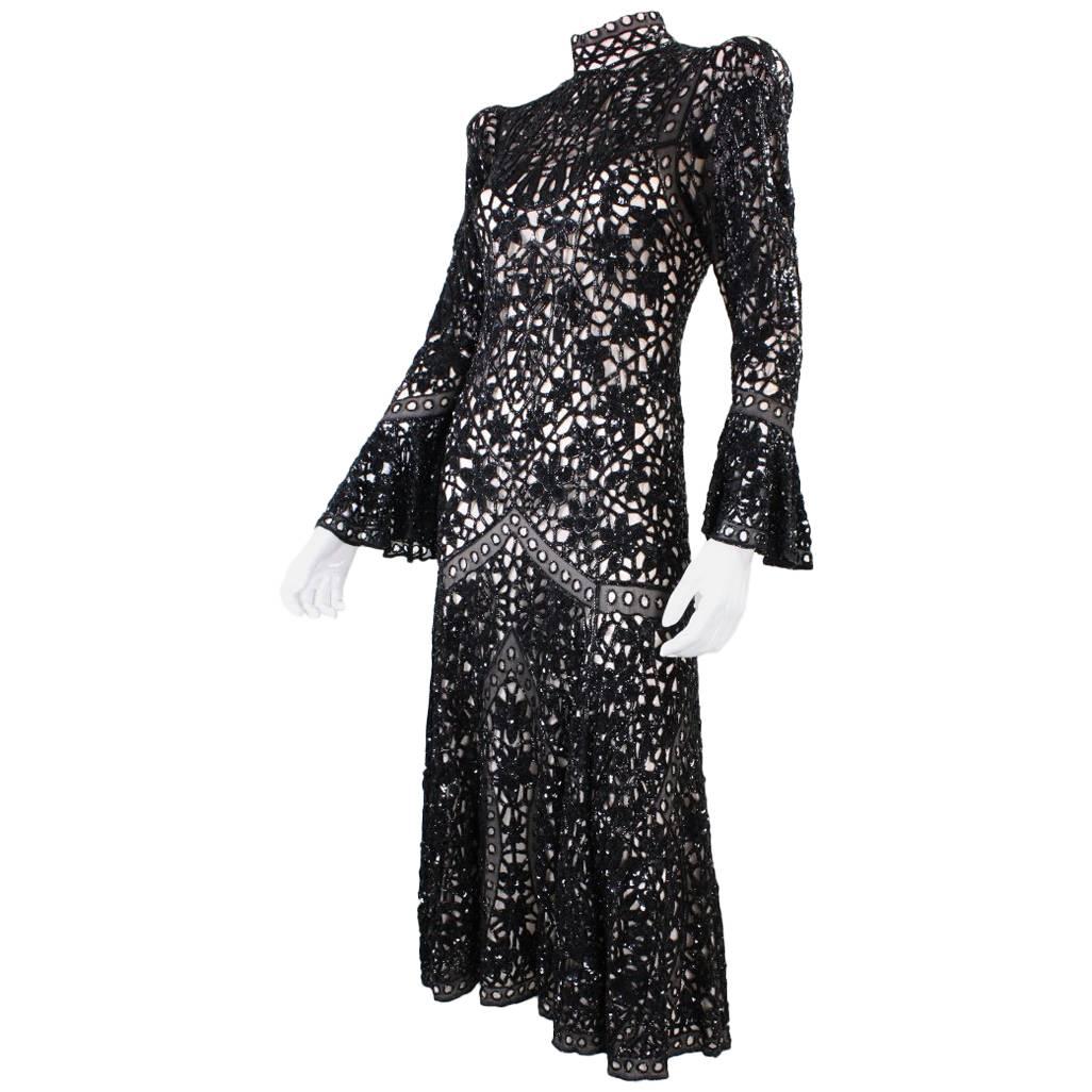 Eavis and Brown Beaded Lace Evening Dress For Sale