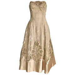 1950s Demi Couture Lace Satin Taupe Embroidered Strapless 50s Cocktail Dress