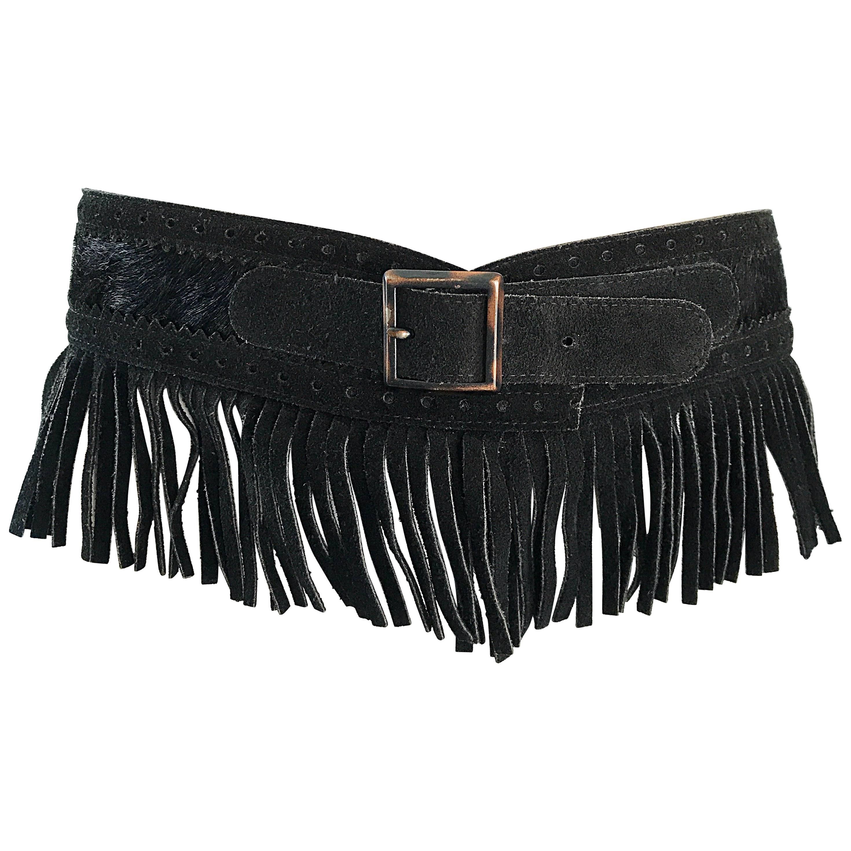 Rare Vintage Yves Saint Lauren 1970s Black Leather Suede + Calf Hair Fringe Belt