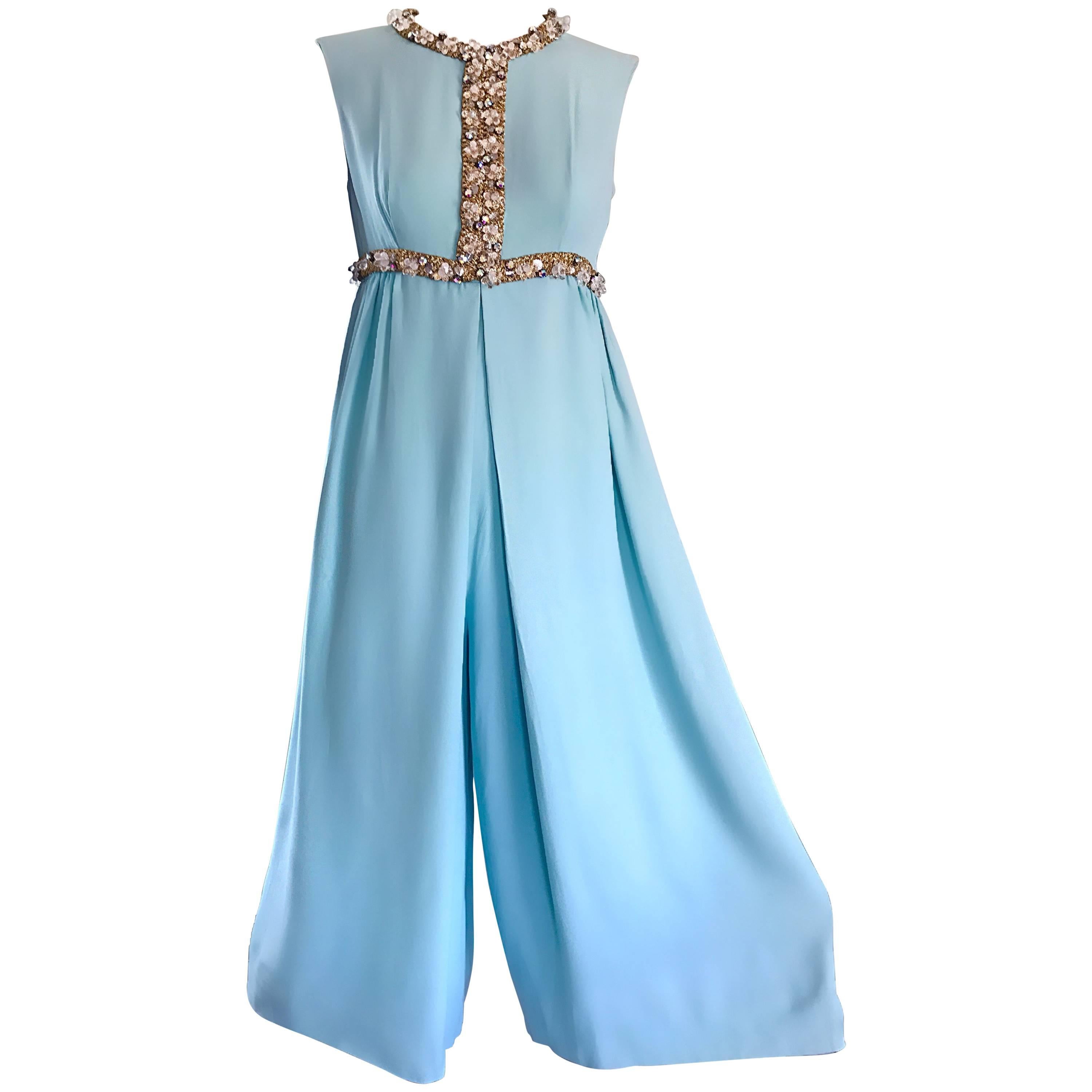 Amazing 1960s Pale Blue Silk Crepe Rhinestone Beaded Cropped Culottes Jumpsuit