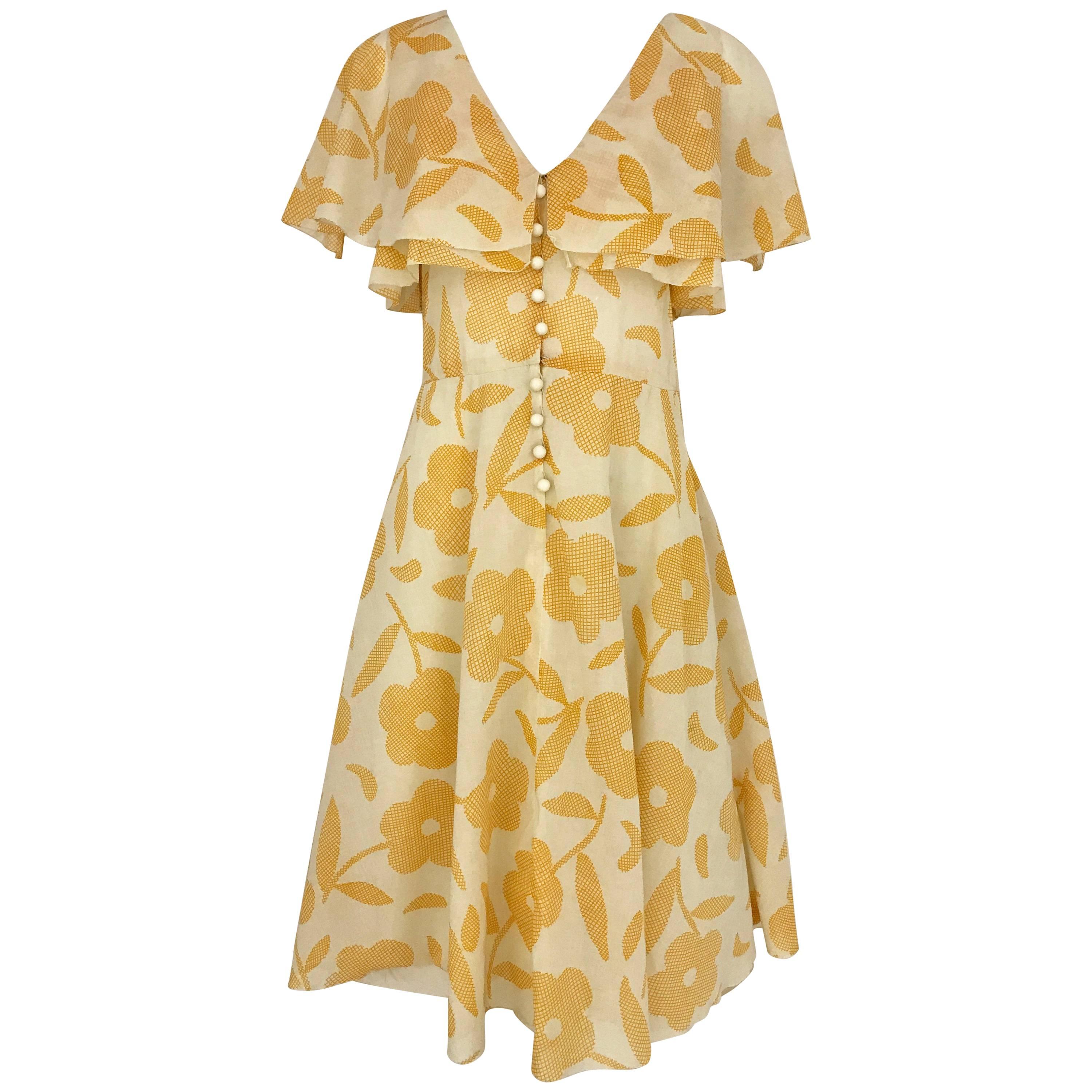 1990s CHLOE Yellow and Creme Floral Print Cotton Vintage 90s casual Dress