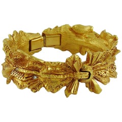 Christian Lacroix Vintage Textured Gold Tone Ribbon Bow Clamper Bracelet