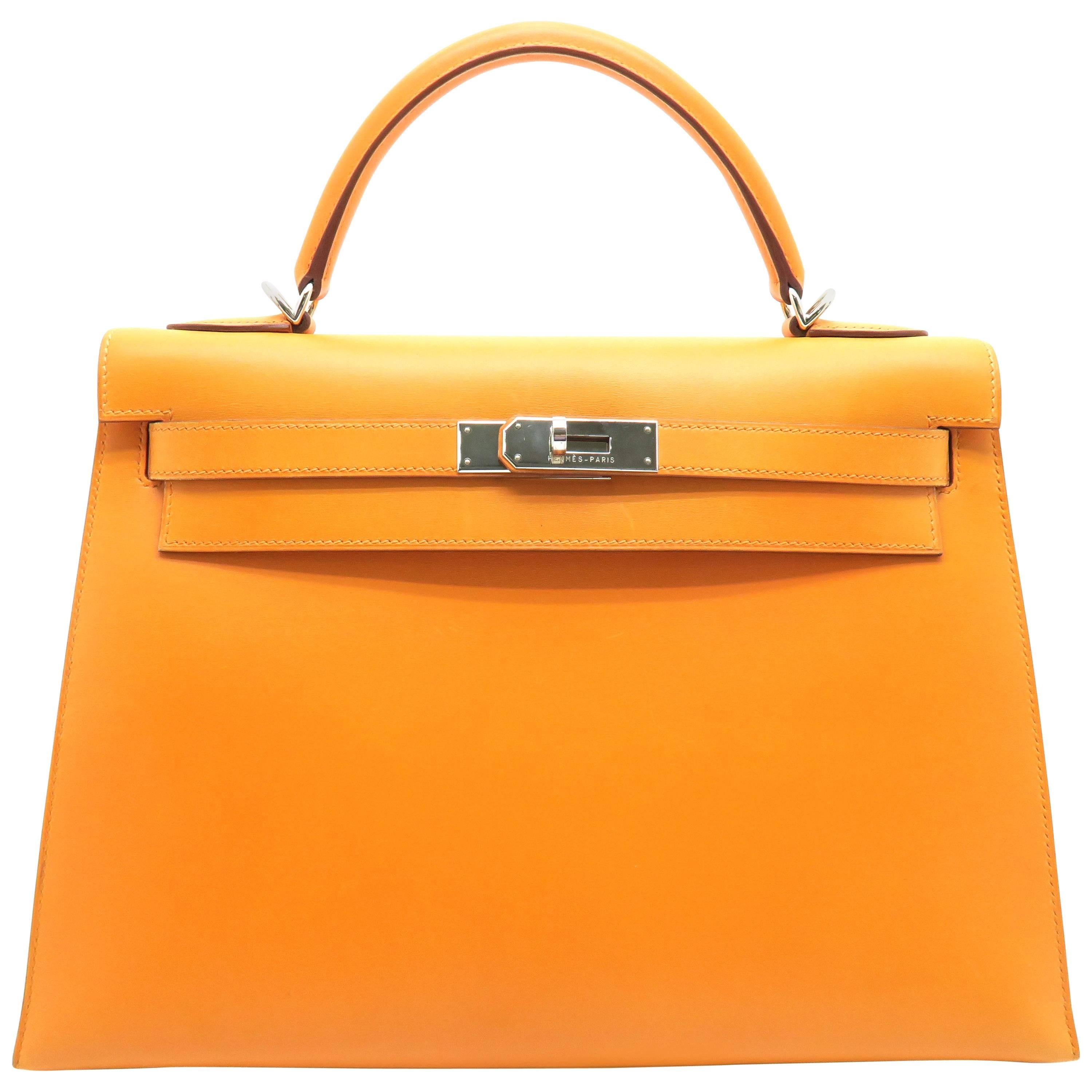 Hermes Kelly 32 Orange Box Leather SHW Shoulder Tote Bag