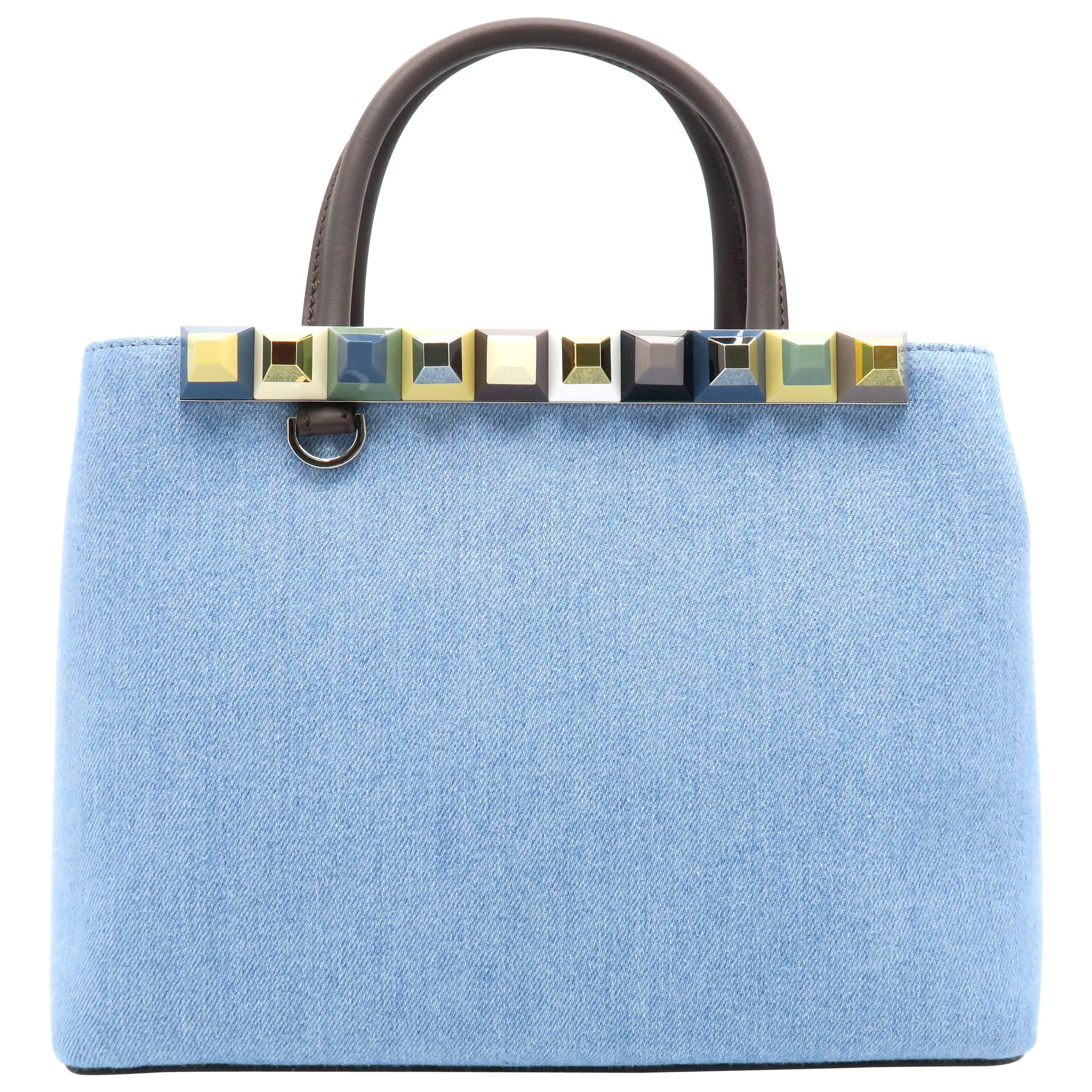 Fendi Petite 2Jours Blue/ Brown/ Multicolor Denim Studded Satchel Bag For Sale