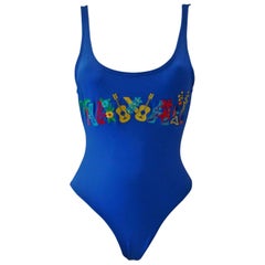 Istante By Gianni Versace Blue Bathing Suit With Hawai Printed Detail Front 1998