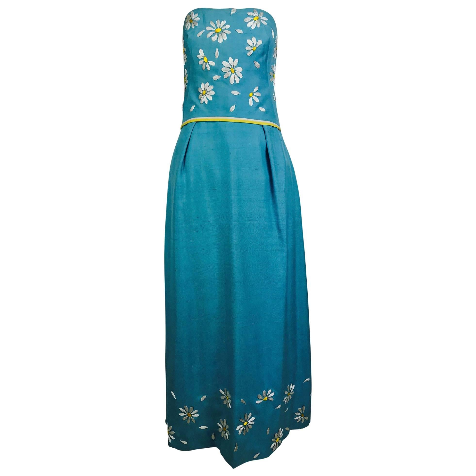 Vintage Philip Hulitar daisy embroidered blue slub silk strapless gown 1950s