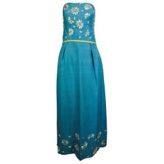 Vintage Philip Hulitar daisy embroidered blue slub silk strapless gown 1950s