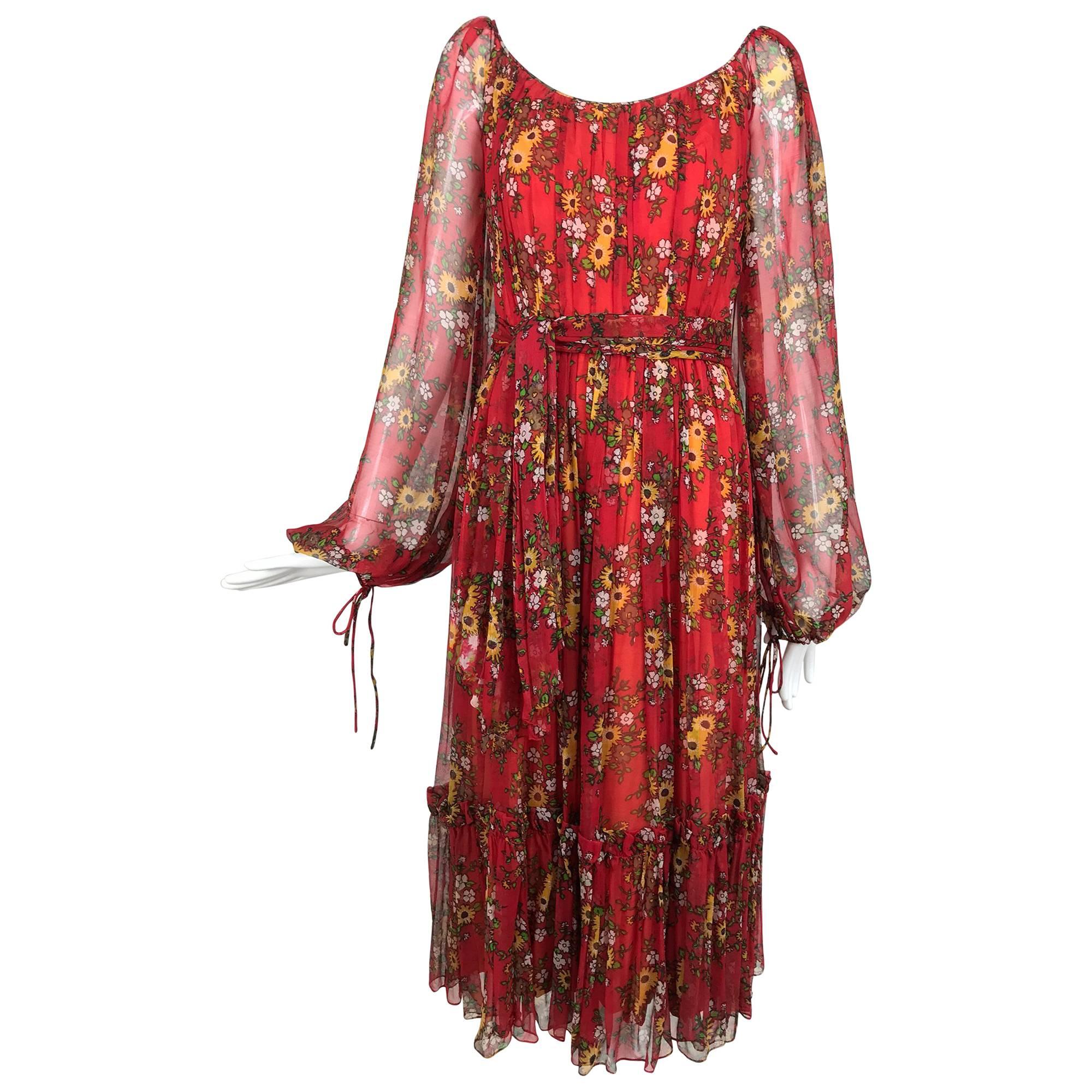 Vintage House of Arts India sheer silk floral print peasant dress 1970s For Sale