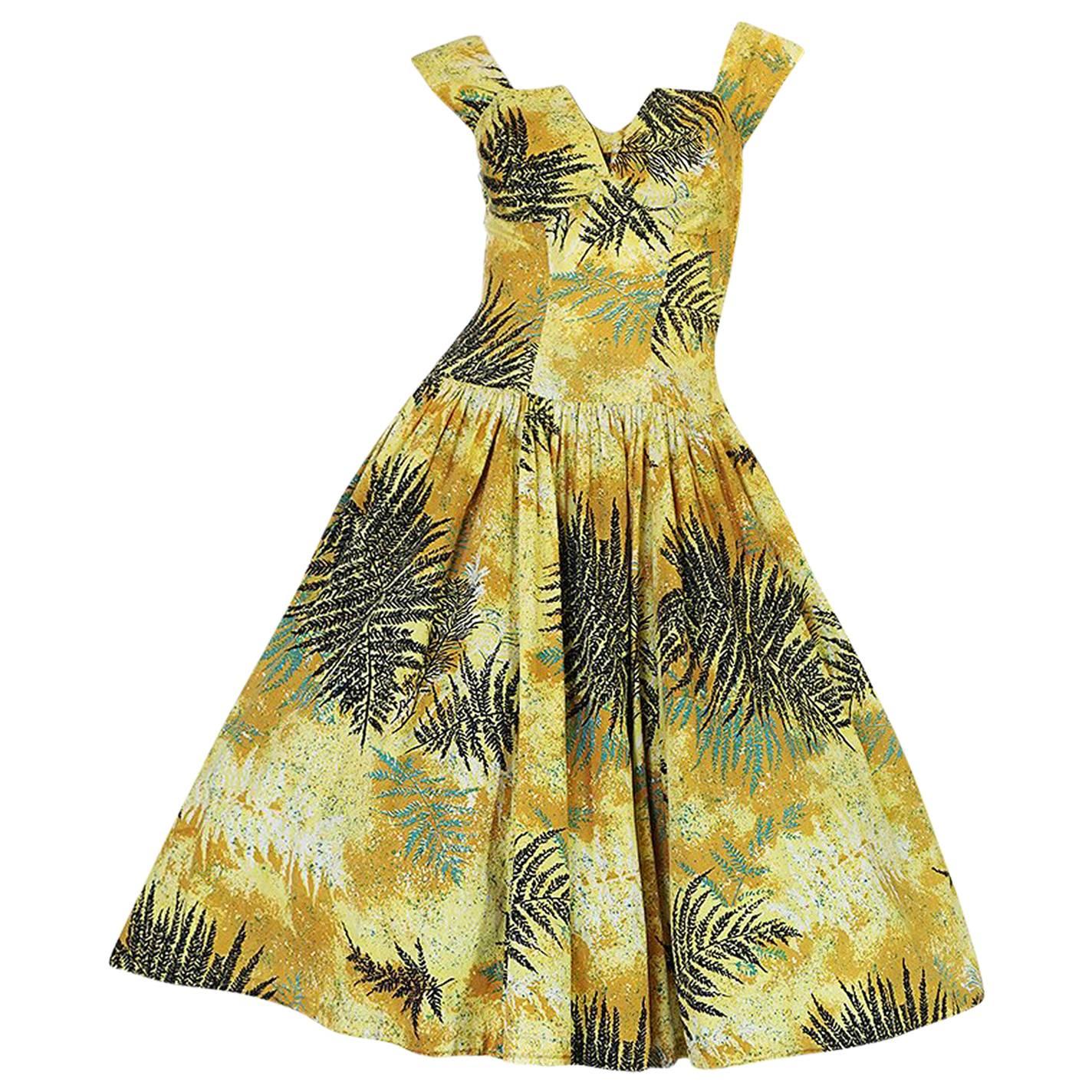 1950s Kamehameha Yellow Cotton Print Hawaiian Sun Dress