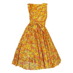 1950s Suzy Perette Citrus Floral Cotton Voile Pleated Skirt Dress 11