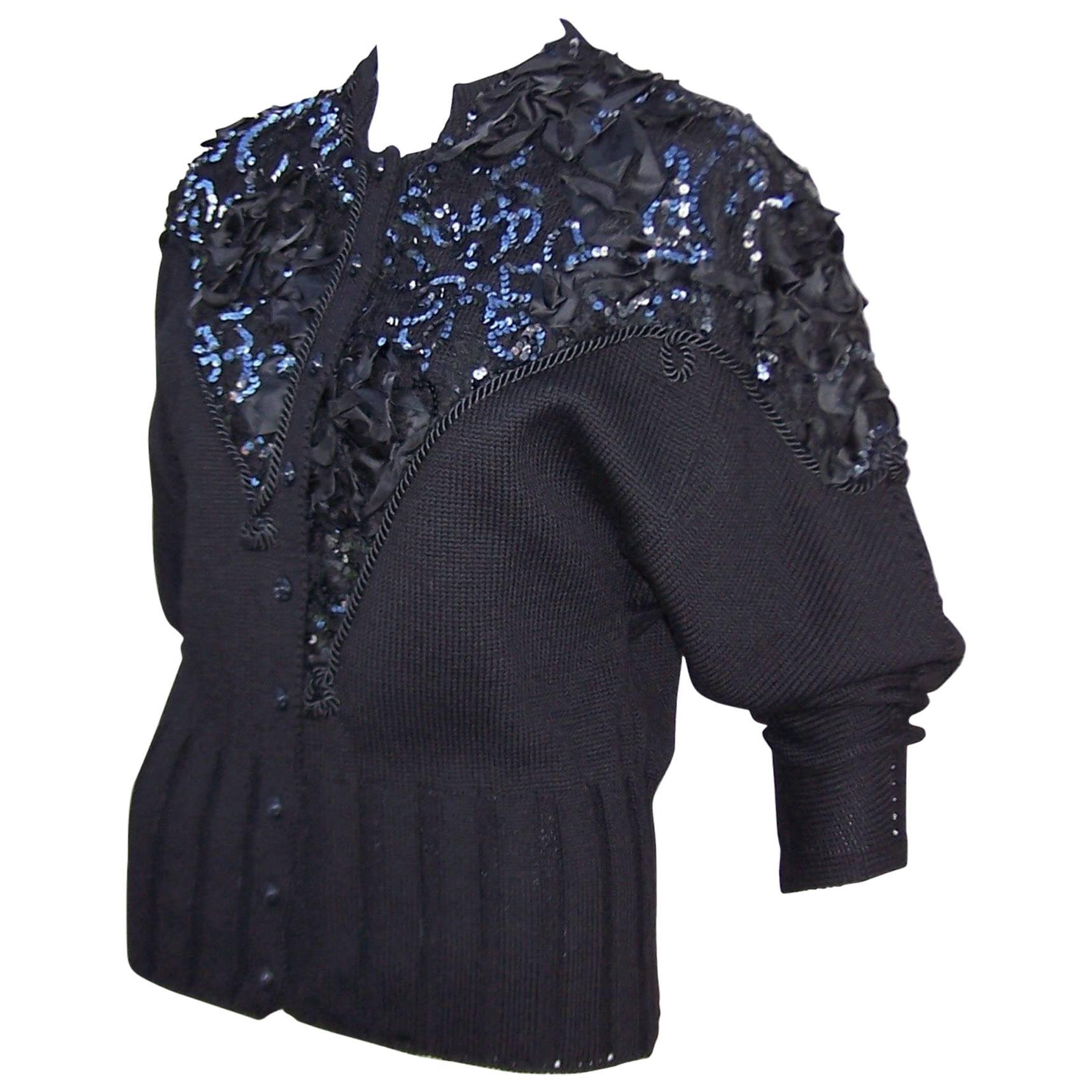 Bedazzled 1980's French Black Wool Evening Sweater 