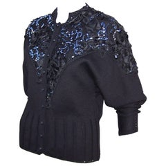 Vintage Bedazzled 1980's French Black Wool Evening Sweater 