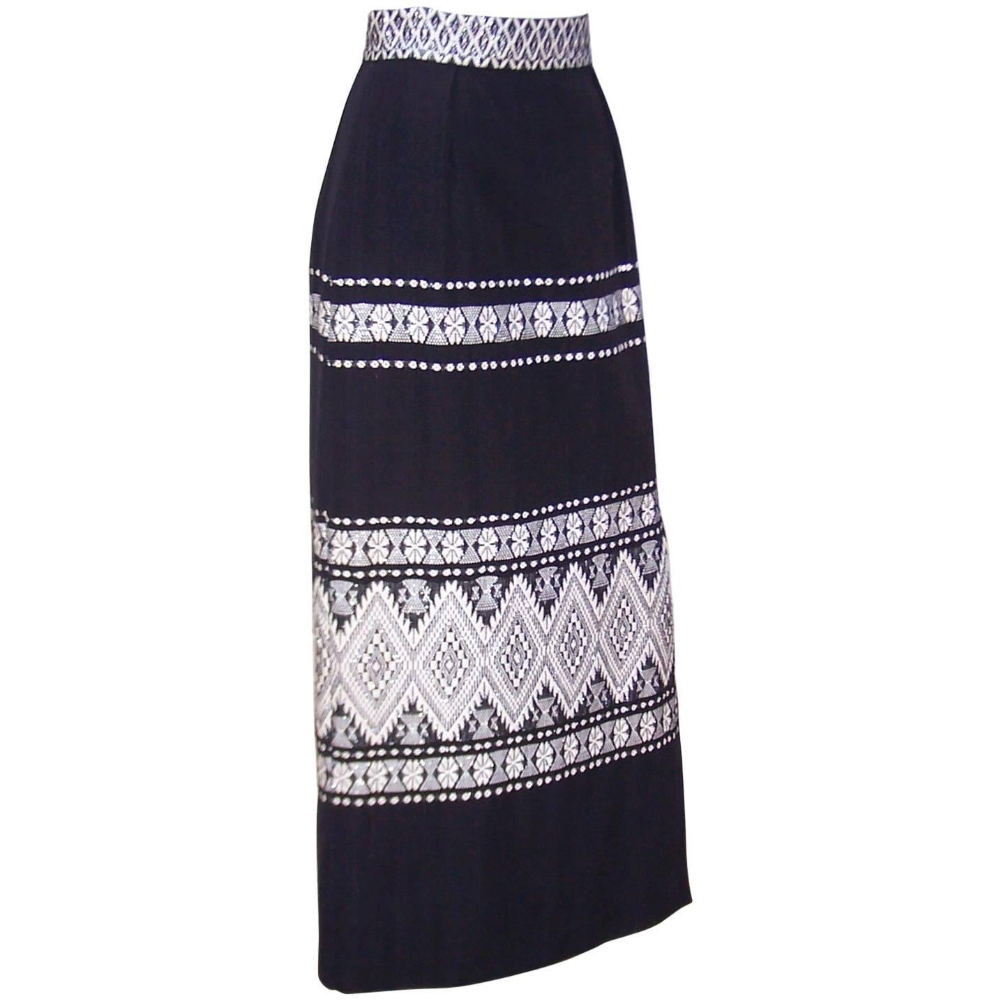 Graphic C.1970 Mexican Folkloric Cotton Maxi Skirt