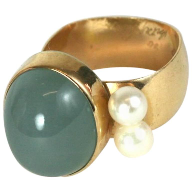 Modernist Chalcedony and Pearl Ring