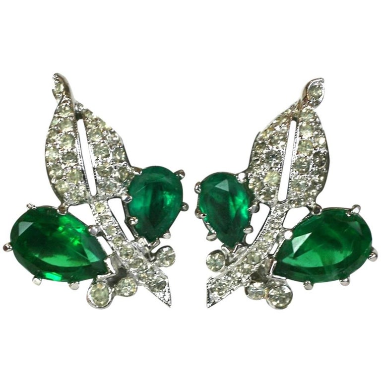 Kramer Pave Leaves Faux Emerald Earrings at 1stDibs
